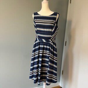 Fit and Flare Blue Striped Dress with Pockets